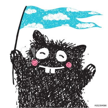 Picture of Cheerful Monster with Flag Greeting Kids